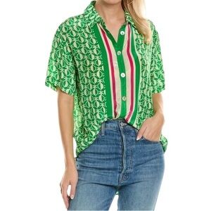 Farm Rio Small Colorful Green & Pink Stripes Pineapple Novelty Print Button Top